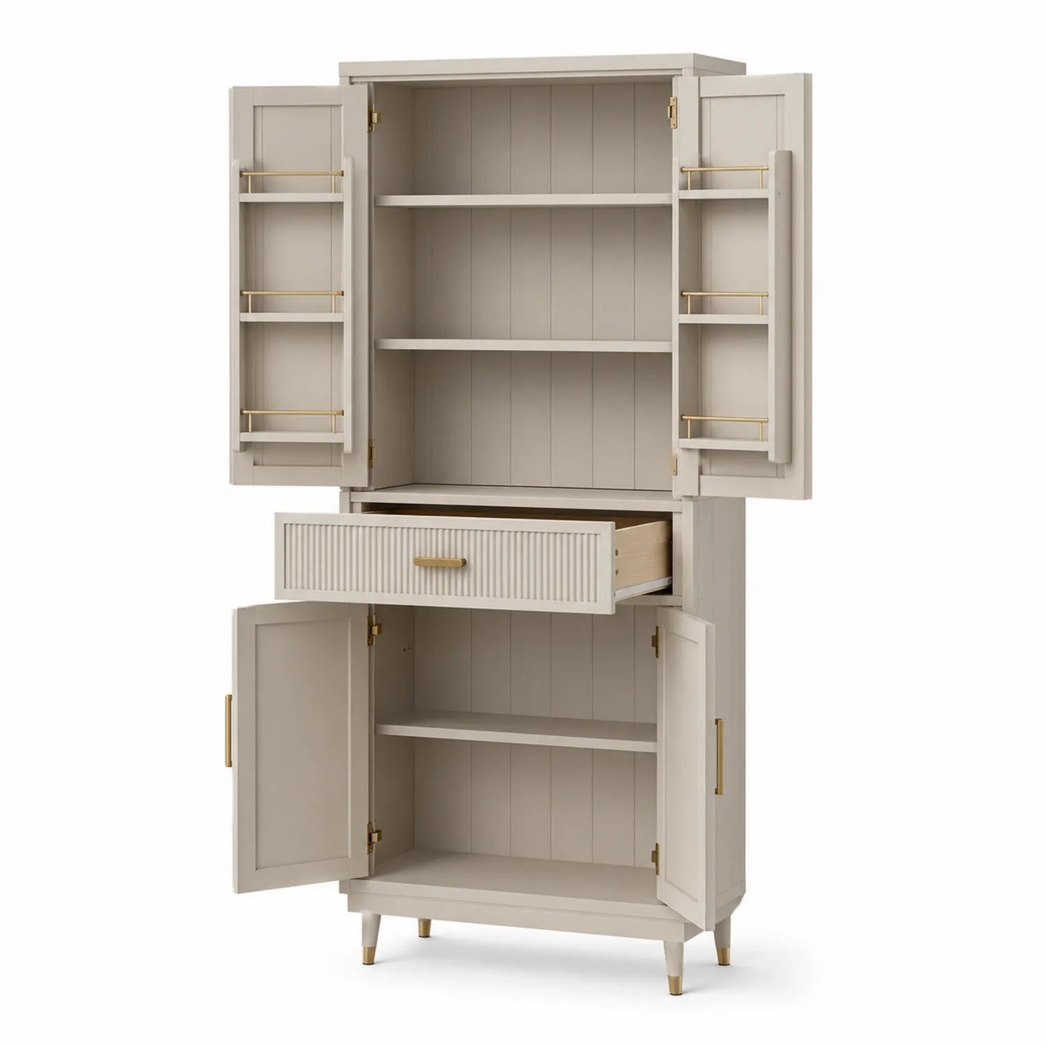 Credenza Alta in Legno con Ante e Cassetto Beige 180x80x40 cm