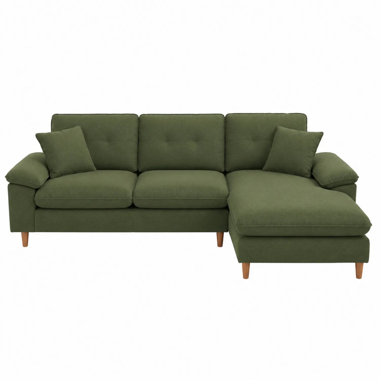 Divano ad angolo in tessuto verde con gambe in legno