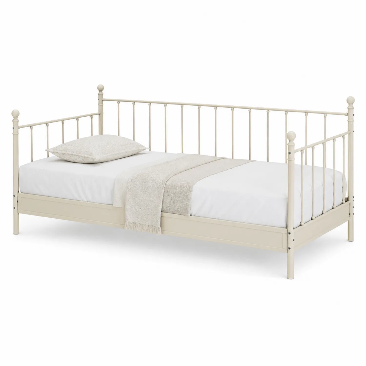 Letto singolo in metallo con cuscino e coperta