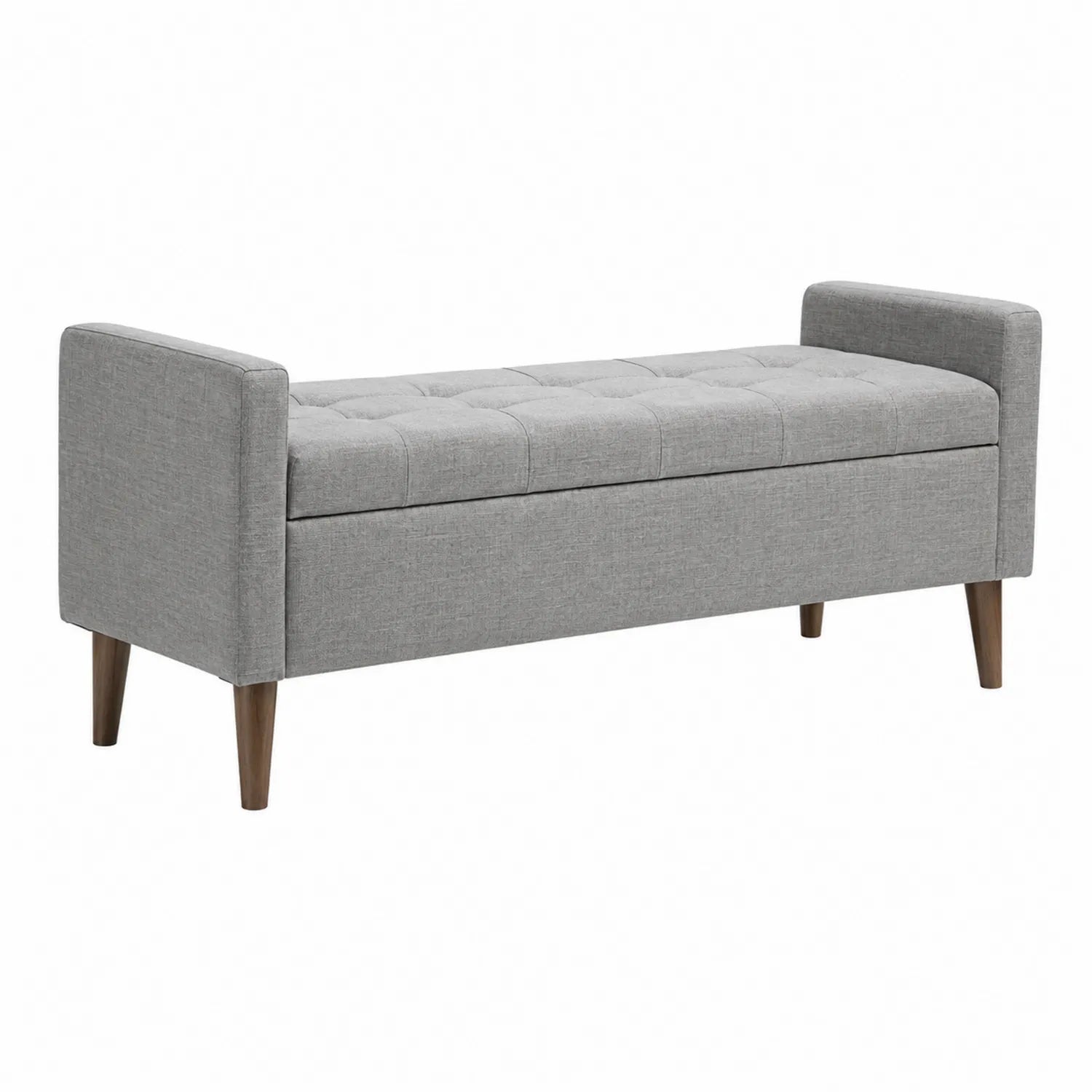 Panca contenitore in tessuto grigio con gambe in legno