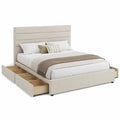 Letto matrimoniale con contenitore in tessuto beige con cassetti