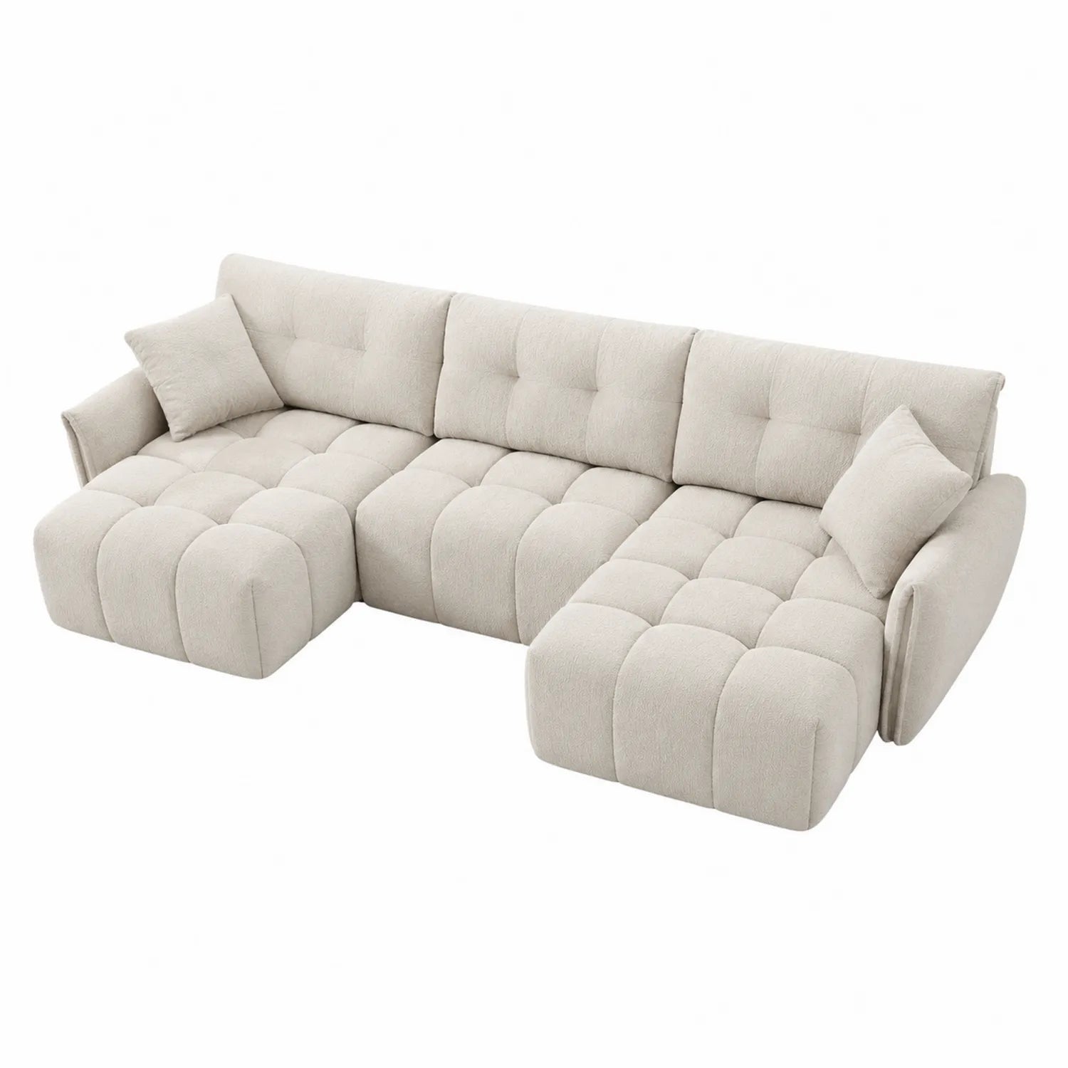 Divano angolare in tessuto beige con cuscini