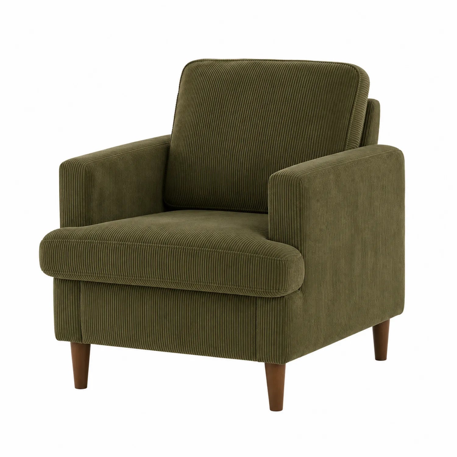 Poltrona in tessuto verde con gambe in legno