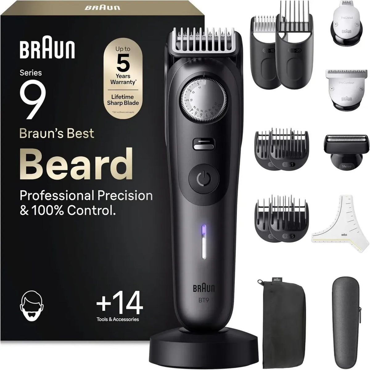 Braun Regolabarba Uomo Titanio Serie 9, Kit 14 in 1, Rasoio Elettrico Impermeabile, Lama ProBlade Lunga Durata, Selettore Precisione, Tagliapeli Naso, Autonomia 180 Min