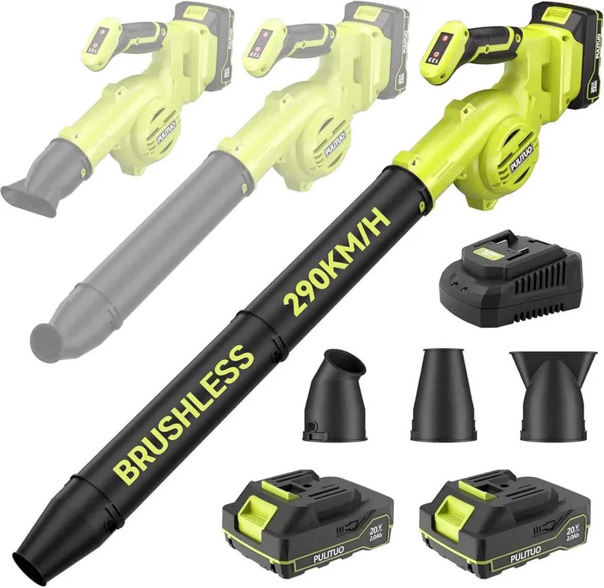 Soffiatore Foglie Senza Fili 3 in 1 con Motore Brushless, 290 KM/H - Include 2 Batterie e 3 Accessori Multiuso