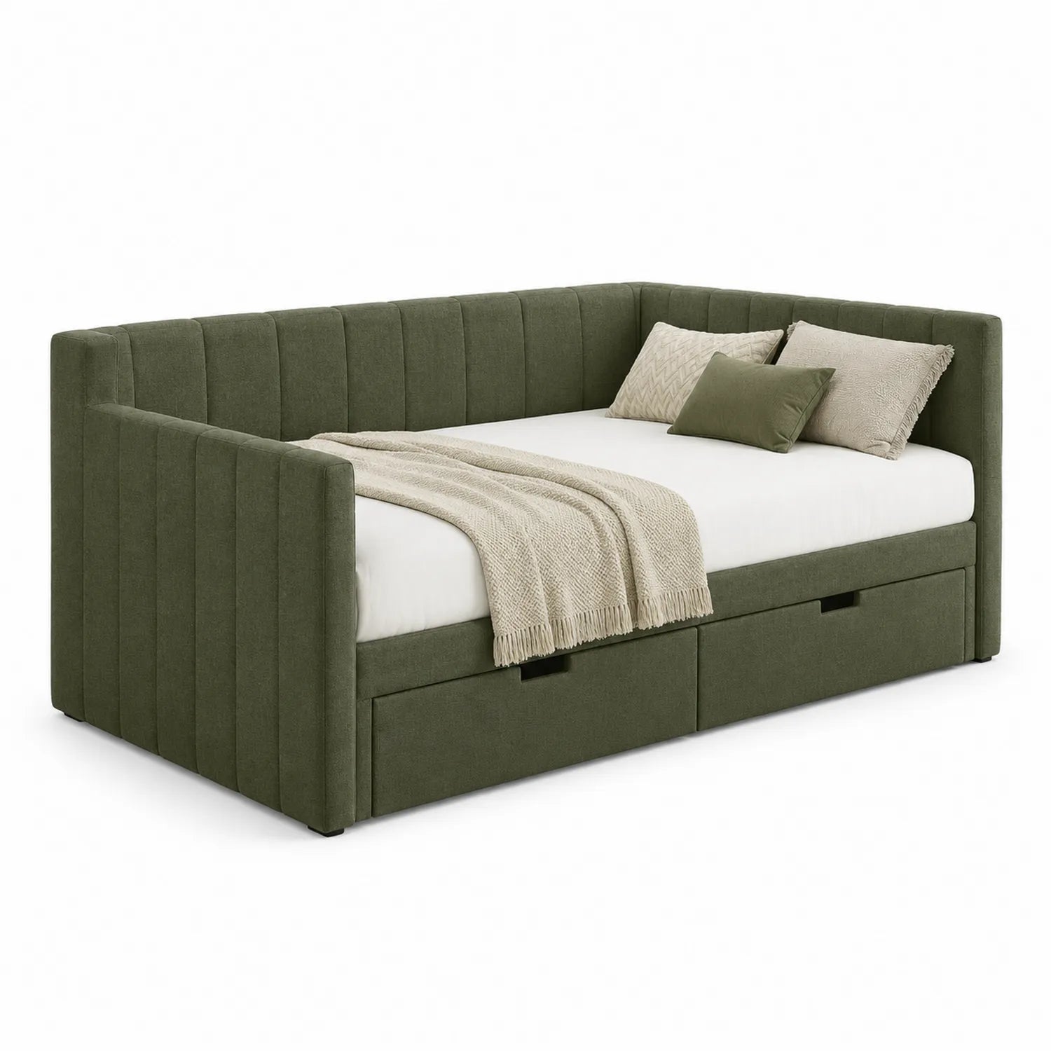 Divano letto in tessuto verde con cassetti