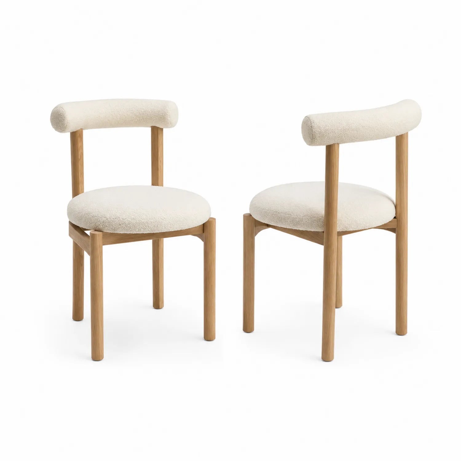 Set di 2 sedie in legno massello e tessuto bouclé, schienale curvo