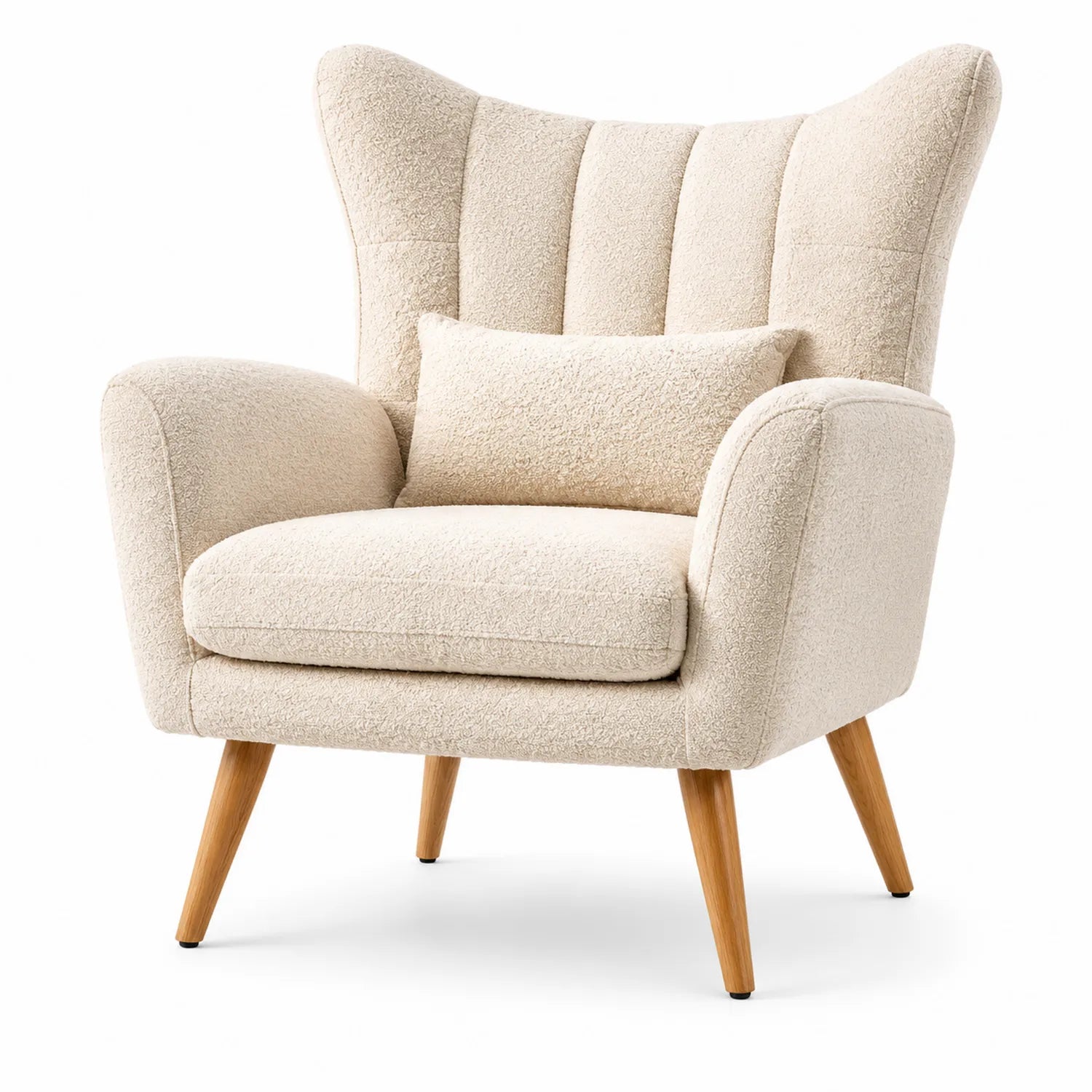 Poltrona in tessuto bouclé con gambe in legno