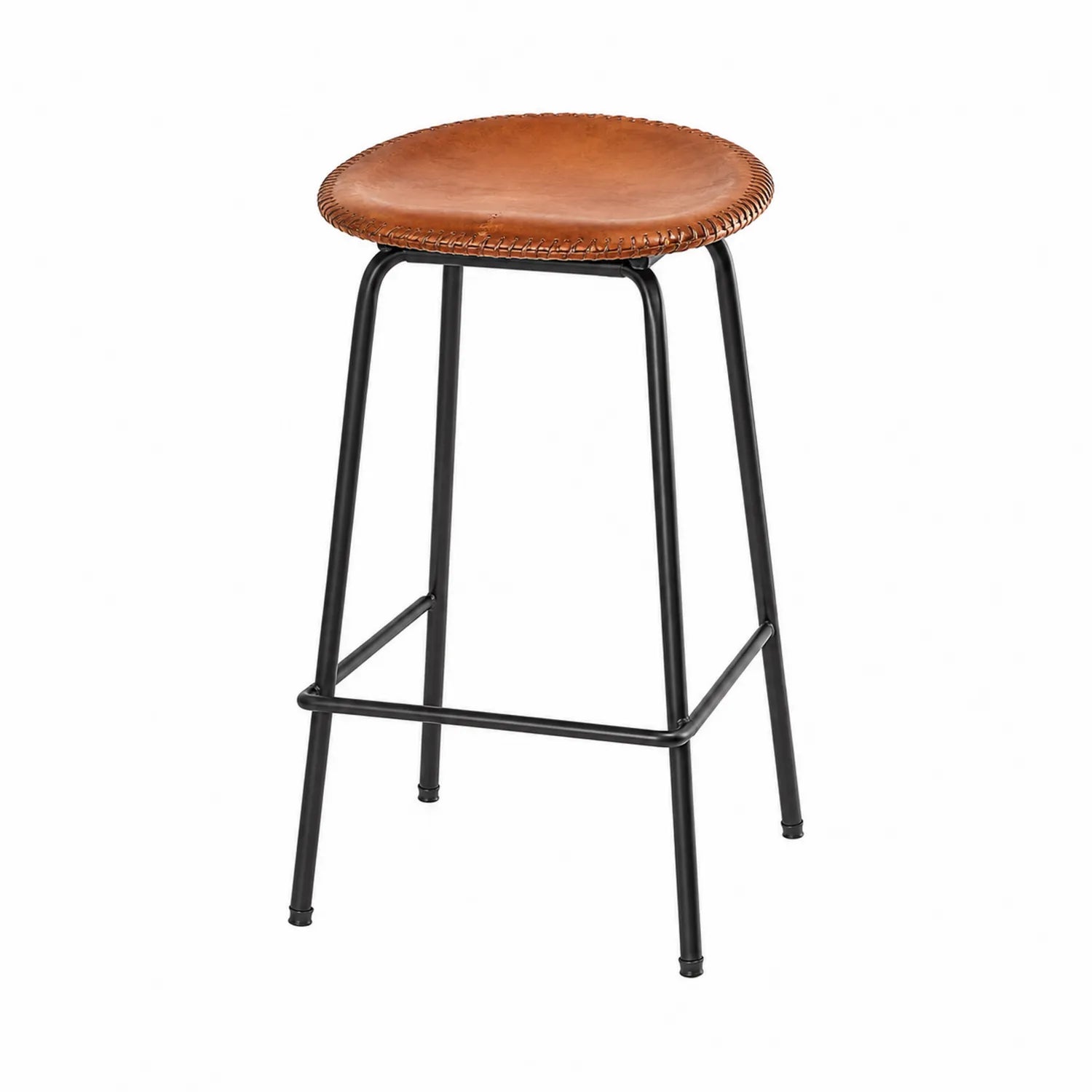 Sgabello da bar in pelle marrone con struttura in metallo nero