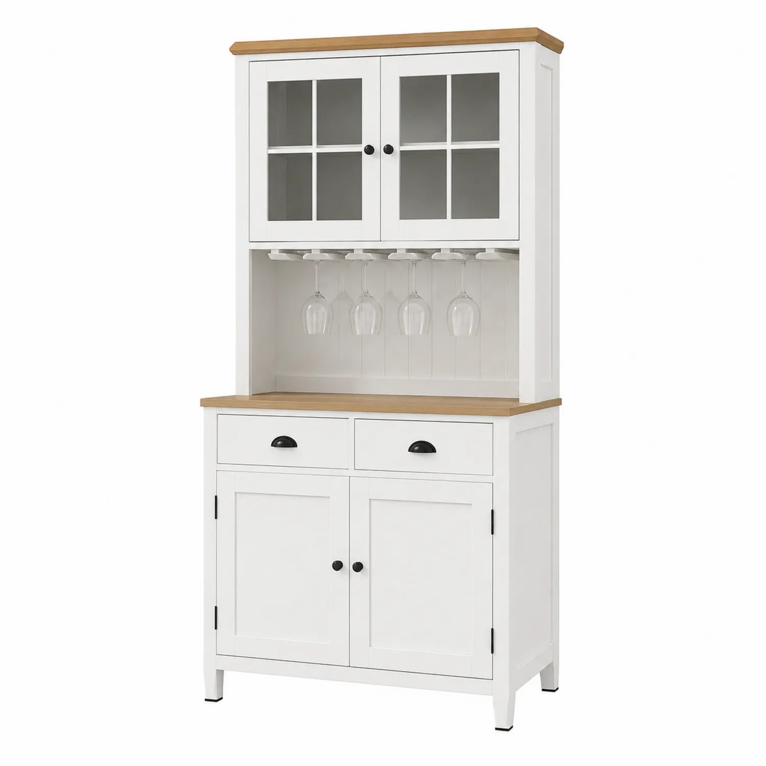 Credenza alta in pino e vetro bianco con supporto calici