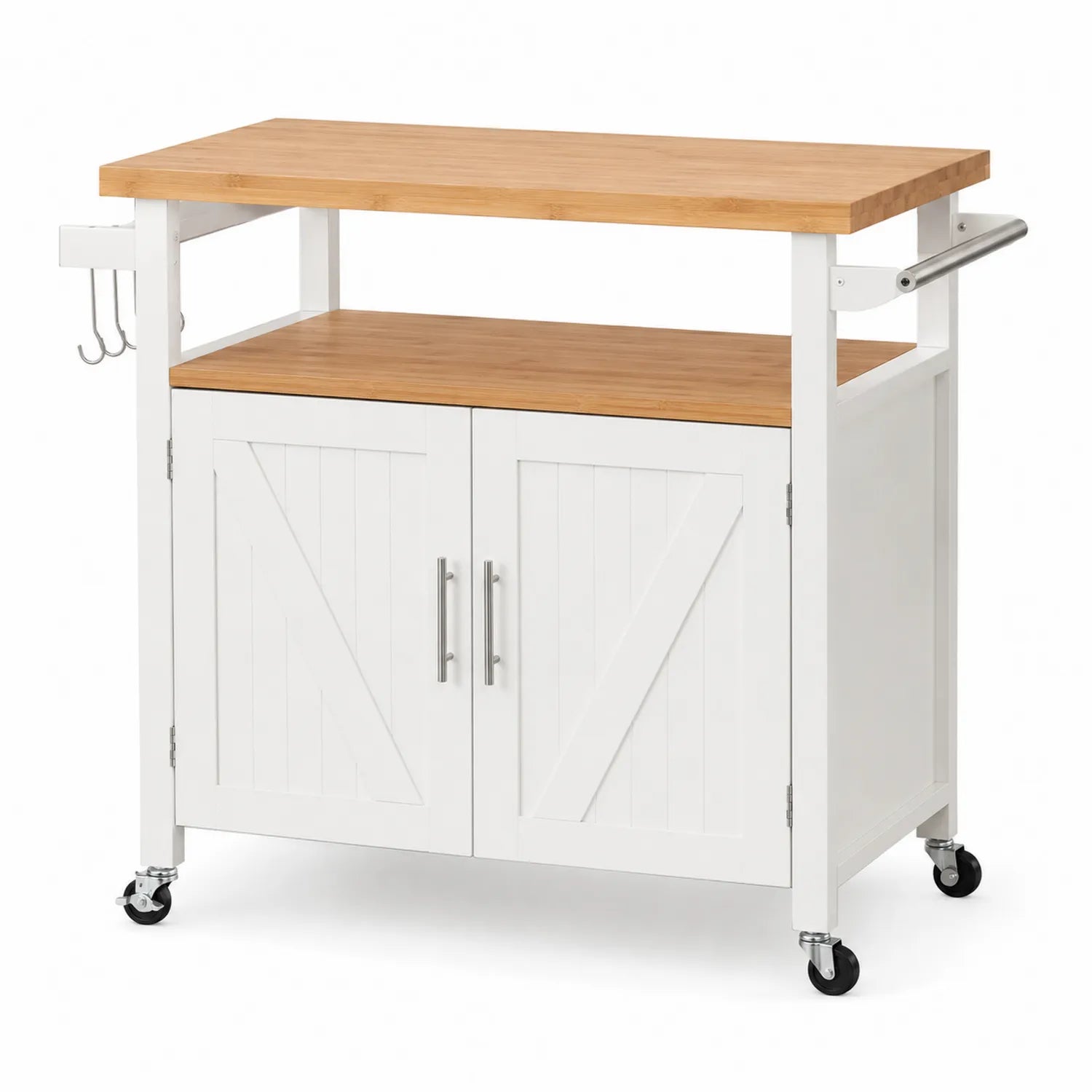 Carrello da Cucina in MDF Bianco con Top in Bambù
