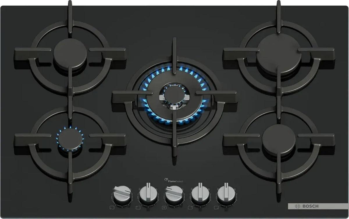 Bosch Serie 6 Piano Cottura a Gas 75 cm, Vetro Nero, Manopole Removibili, Flame Select